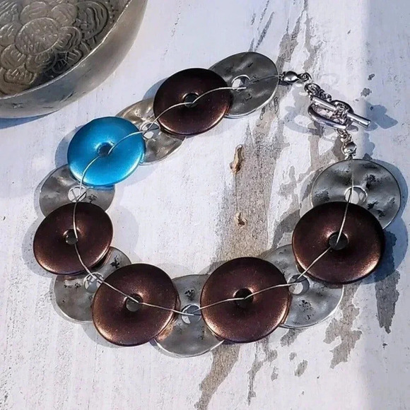 Mid Century Modern Style Handcrafted Silver Blue Brown Satin Disc Beads Bracelet - Picture 1 of 9